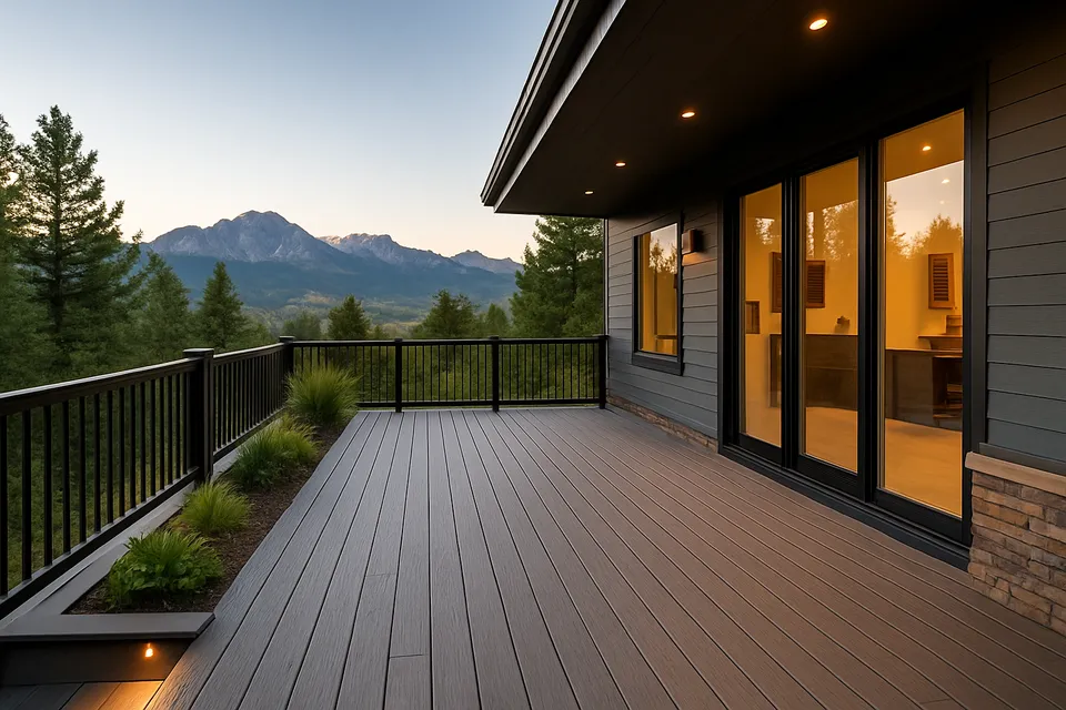 A modern composite deck with black railings and recessed lighting, overlooking Colorado mountains at sunset