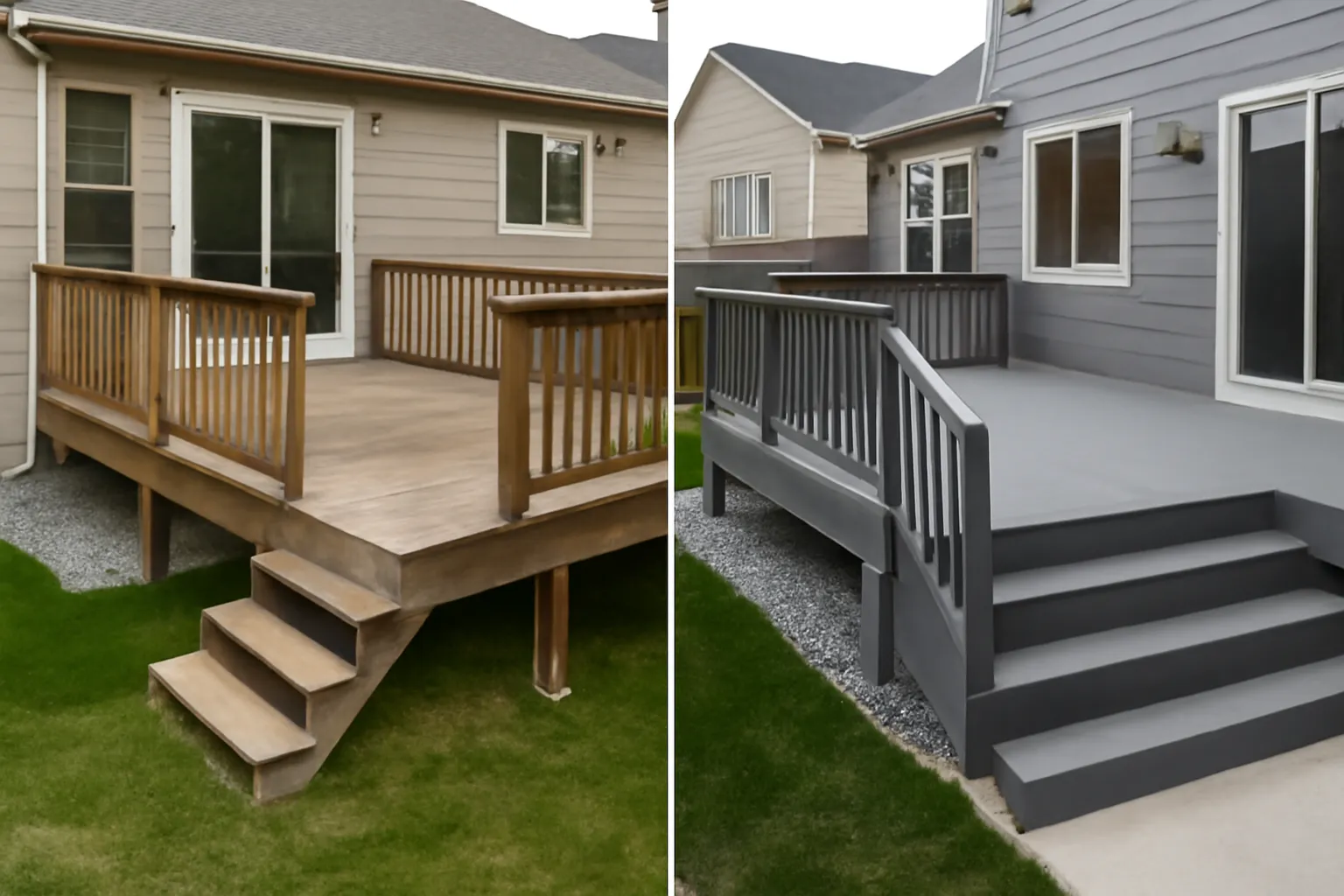 Side-by-side comparison of a weathered wooden deck with steps on the left and a modern, sleek gray composite deck with smooth steps on the right, showcasing the difference in materials and maintenance requirements.