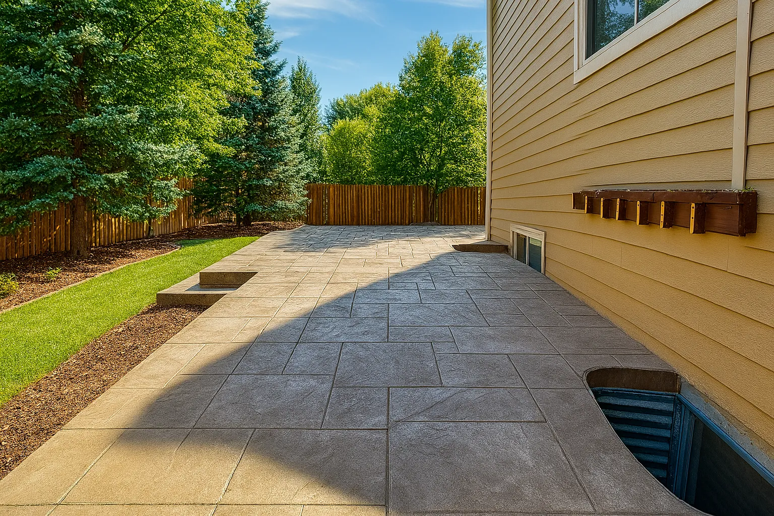 A freshly installed stamped concrete patio with a clean, modern layout featuring rectangular patterns in neutral tones, positioned beside a tan-colored house with basement window wells, creating a smooth and durable outdoor surface ideal for backyard use.