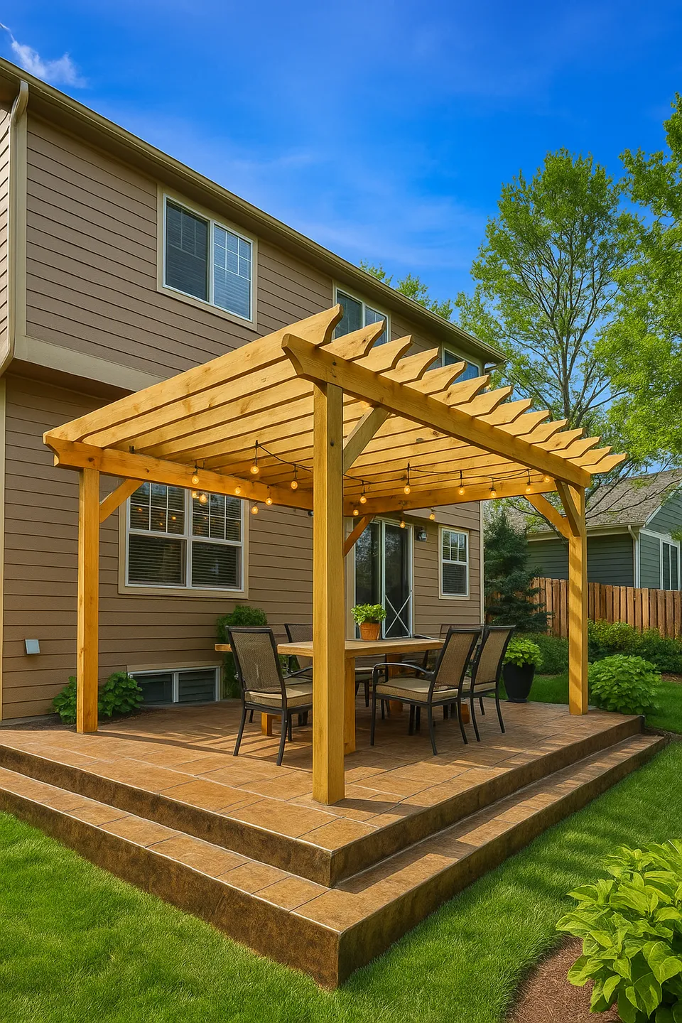 A stamped concrete patio with wide steps in a residential backyard, featuring enhanced lighting and a clear blue sky, with surrounding trees and neighboring houses visible in the background.
