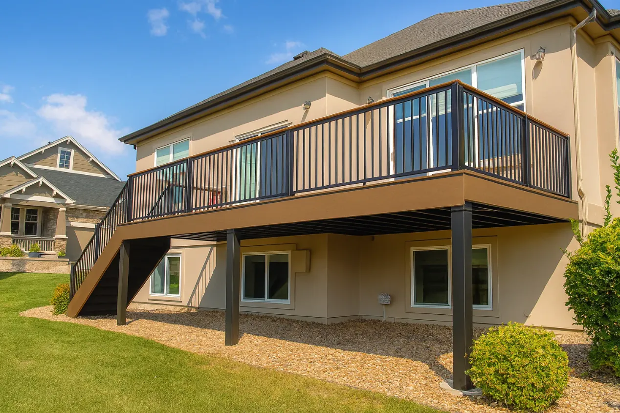 Steel deck framing with metal railing on a residential deck in Colorado