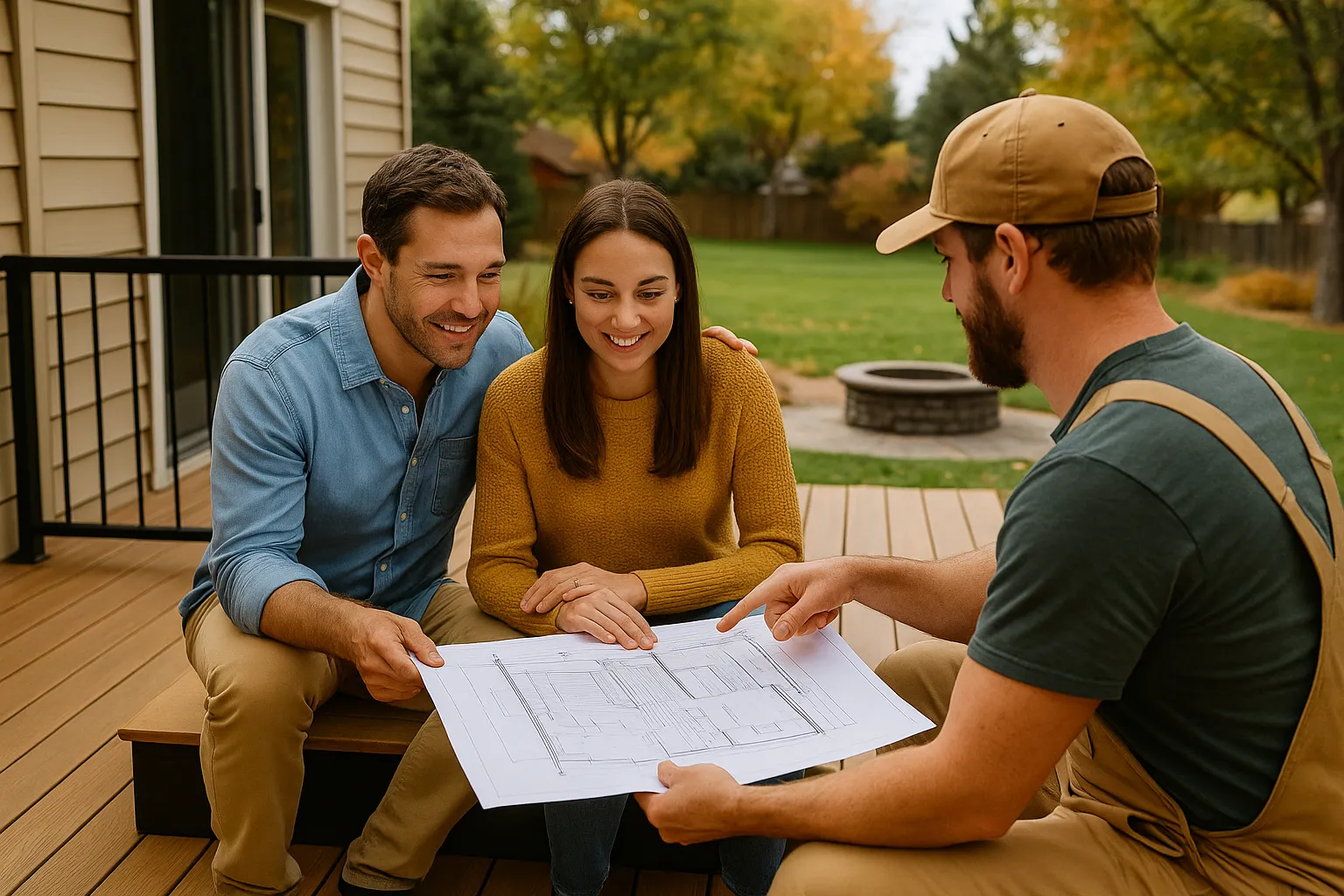 A couple sitting on a deck with a carpenter, reviewing blueprints for a custom outdoor design in a Colorado backyard