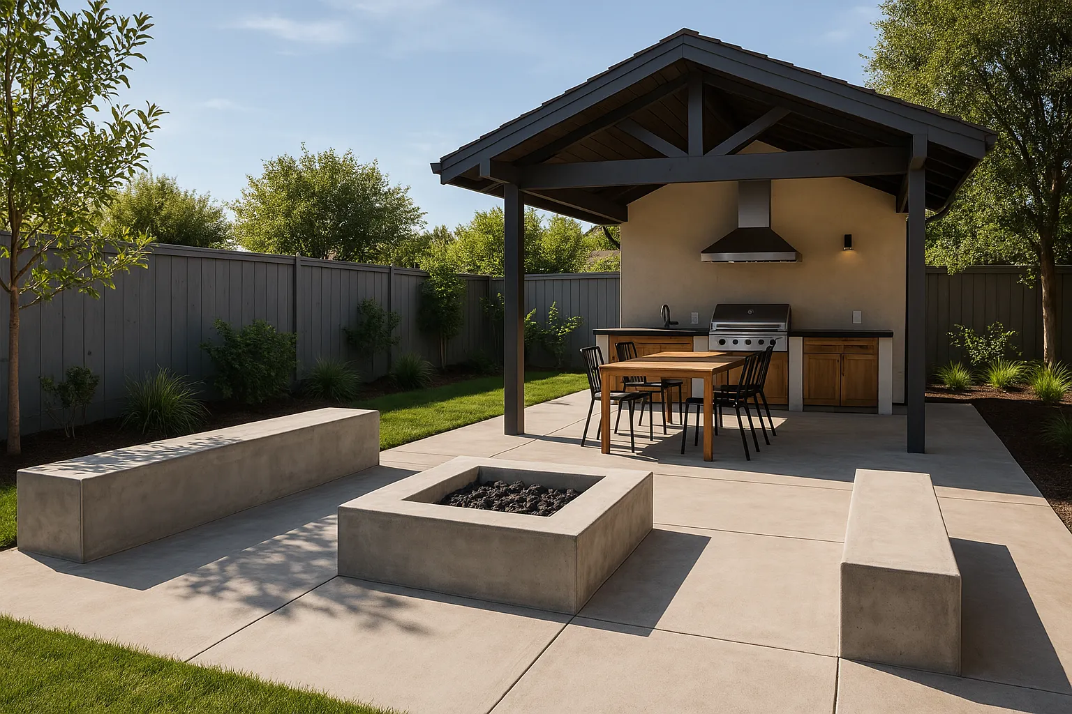ChatGPT Image 14 de abr. de 2025, 13_49_42 Concrete patio with integrated gourmet area and built-in benches. Concrete in outdoor spaces.