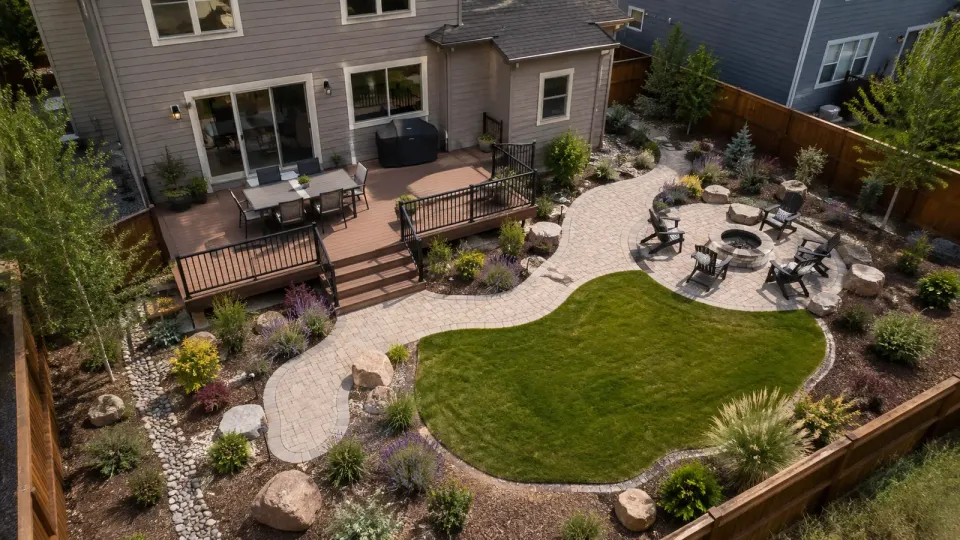 Aerial view of a Colorado backyard with custom deck, fire lounge and connected outdoor zones