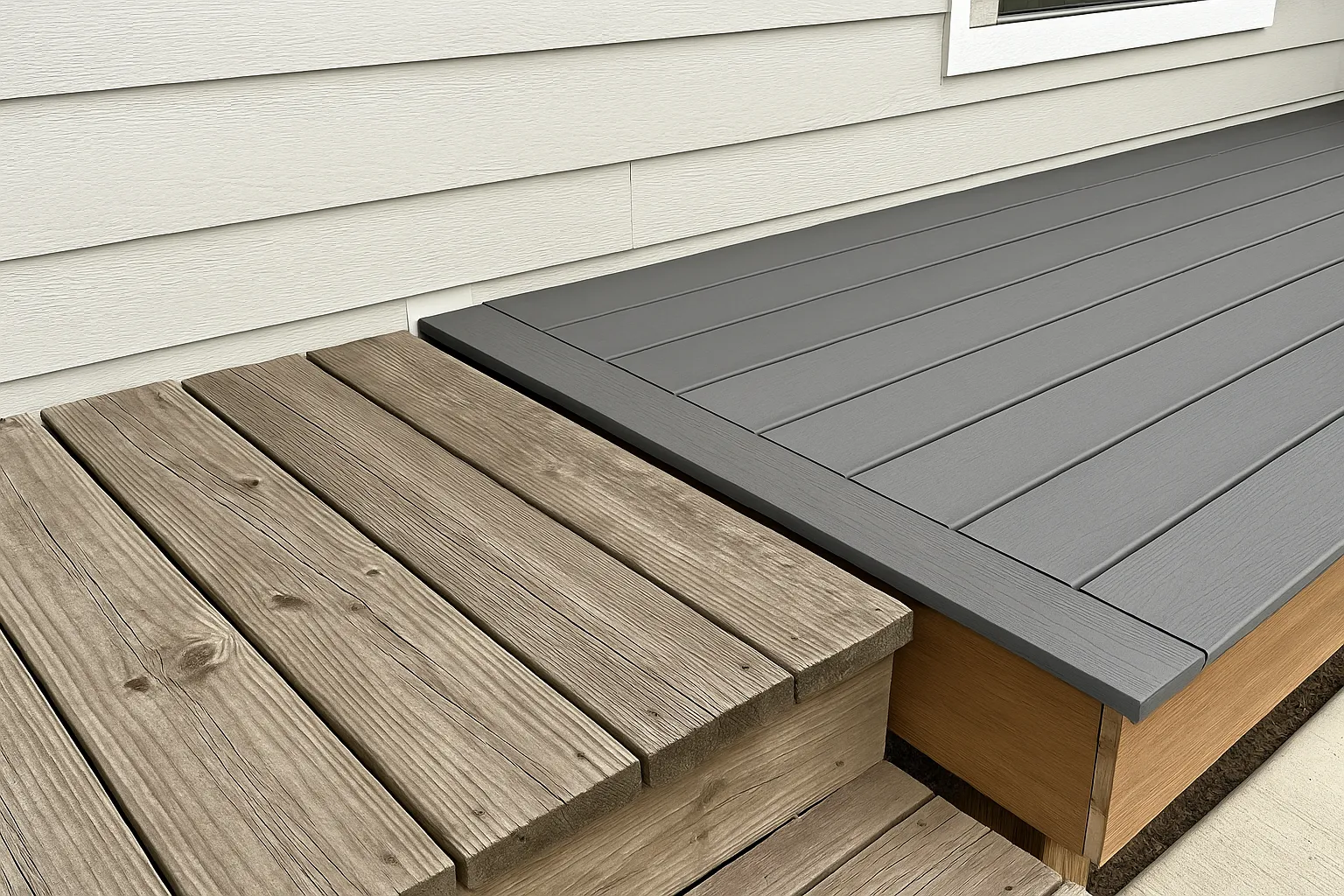 Side-by-side view of old splintered wood decking and smooth composite decking near a home, highlighting safety and comfort differences