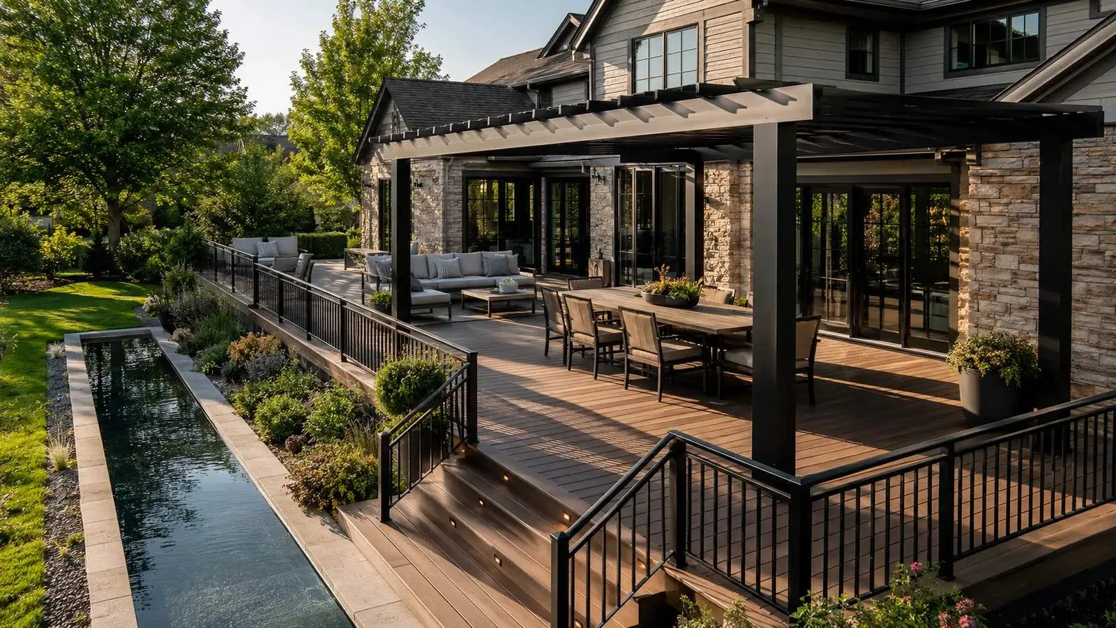 Luxury Colorado deck with a black pergola providing shade during summer