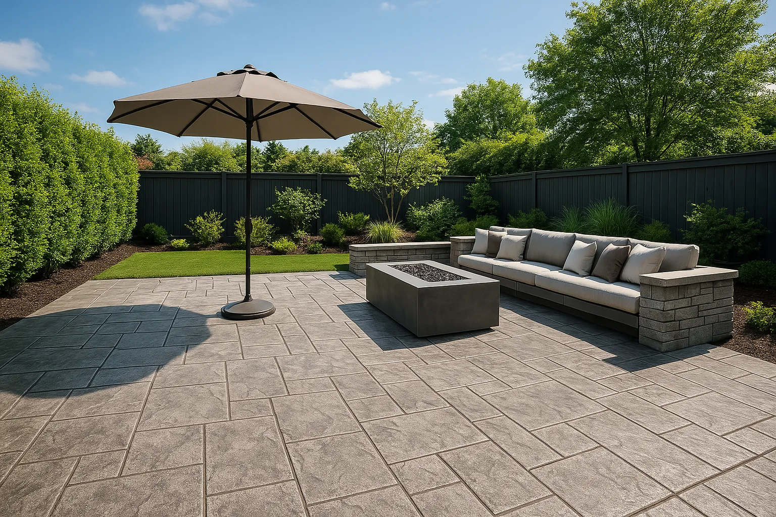 20250414_1356_Pátio de Concreto… Concrete in outdoor spaces. Wide view of a modern stamped concrete patio with integrated seating area