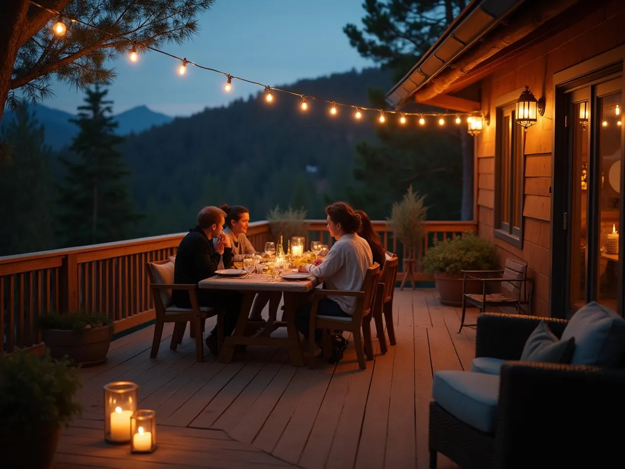 family-dining-on-backyard-deck Family having dinner on a personalized backyard deck with warm lighting