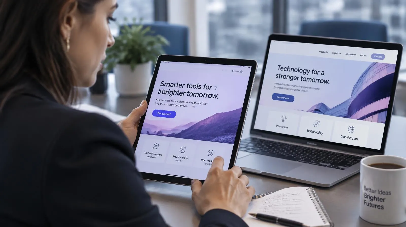 Empresária compara uma landing page no tablet com um site institucional no notebook durante uma reunião.