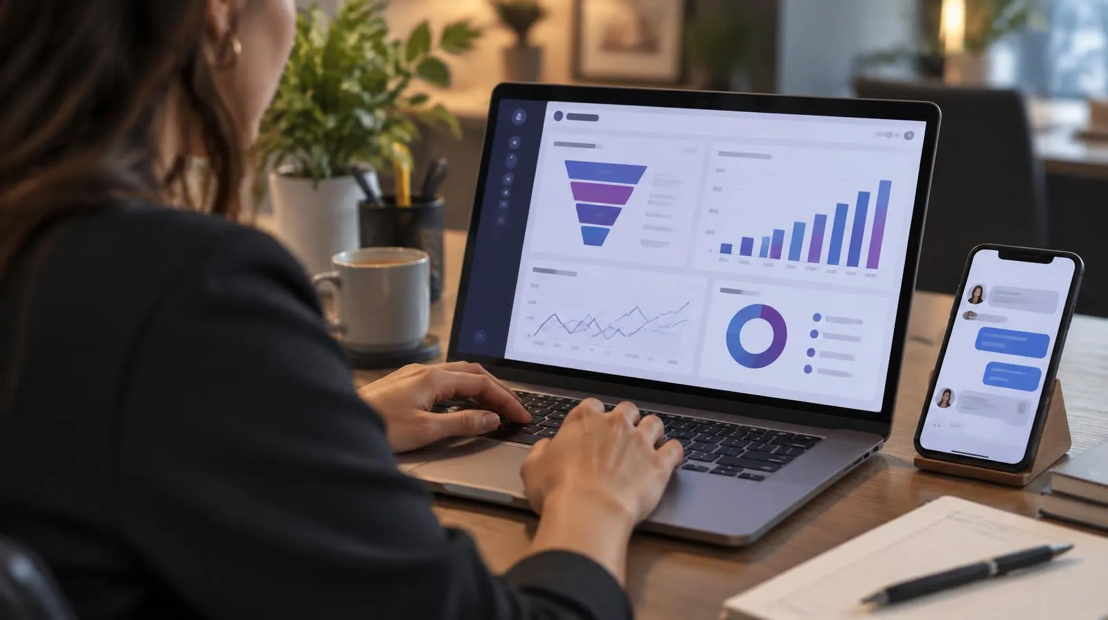Profissional analisando campanhas, CRM e jornada do cliente em diferentes dispositivos.